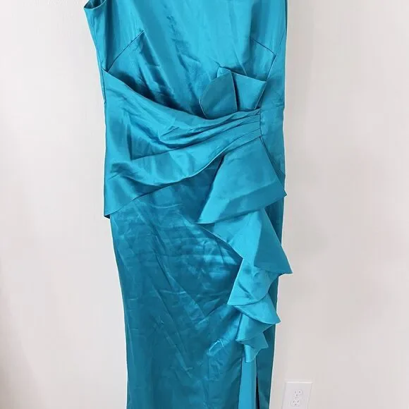 Eliza J Ruffle Satin Jade Green Mermaid Gown Size 10 - Picture 10 of 10
